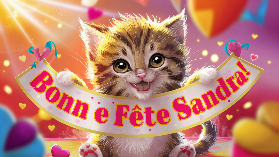 Un chaton illustré, brun et blanc, tient joyeusement une banderole 'Bonne Fête Sandra!' dans une ambiance festive avec des cœurs et des lumières vives.