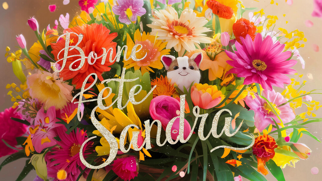 Une illustration festive montrant un bouquet de fleurs éclatantes avec l'inscription 'Bonne Fête Sandra' et un petit animal souriant au centre.