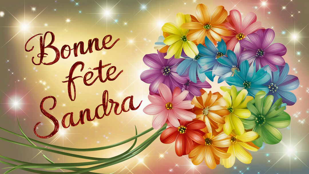 Un bouquet de fleurs stylisées aux couleurs de l'arc-en-ciel sur un fond doré scintillant, avec l'inscription calligraphiée 'Bonne fête Sandra'.