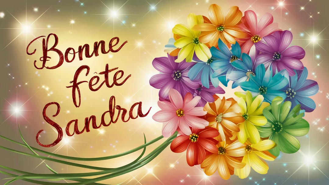 Un bouquet de fleurs stylisées aux couleurs de l'arc-en-ciel sur un fond doré scintillant, avec l'inscription calligraphiée 'Bonne fête Sandra'.