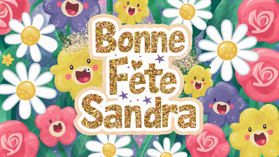 Une illustration festive où le texte 'Bonne Fête Sandra' en lettres dorées pailletées se détache sur un parterre de fleurs multicolores au visage joyeux.