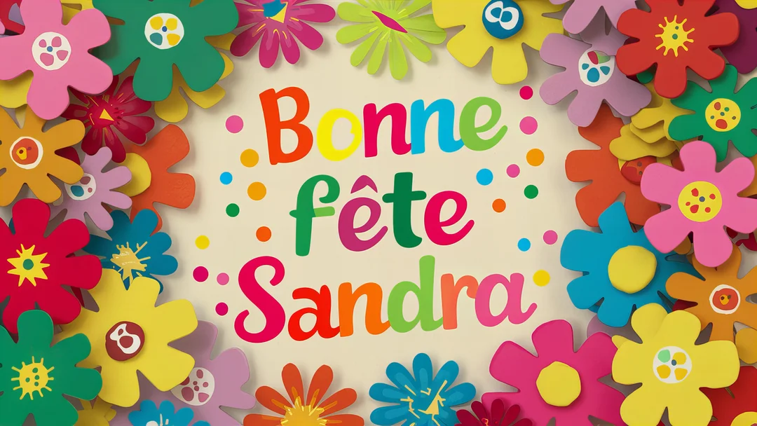 Une composition festive affichant le texte 'Bonne fête Sandra' au milieu d'un cadre de fleurs multicolores au style pop des années 70.