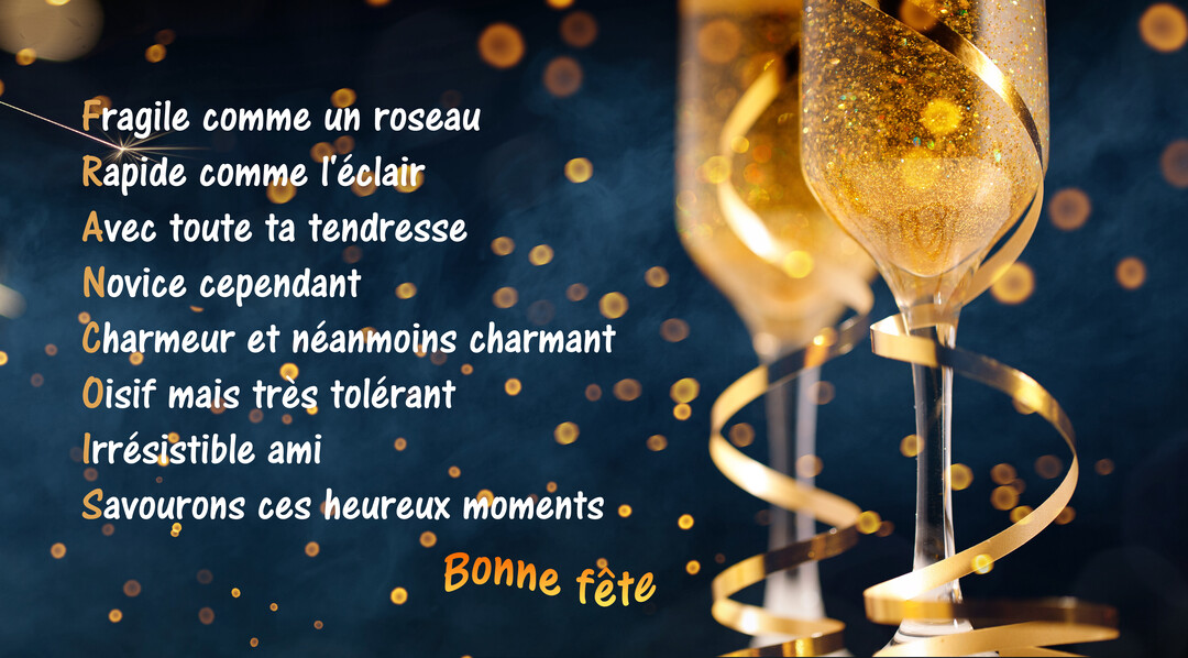 Sur un fond bleu nuit avec des lumières dorées, un poème acrostiche pour François est écrit à côté de deux flûtes de champagne.