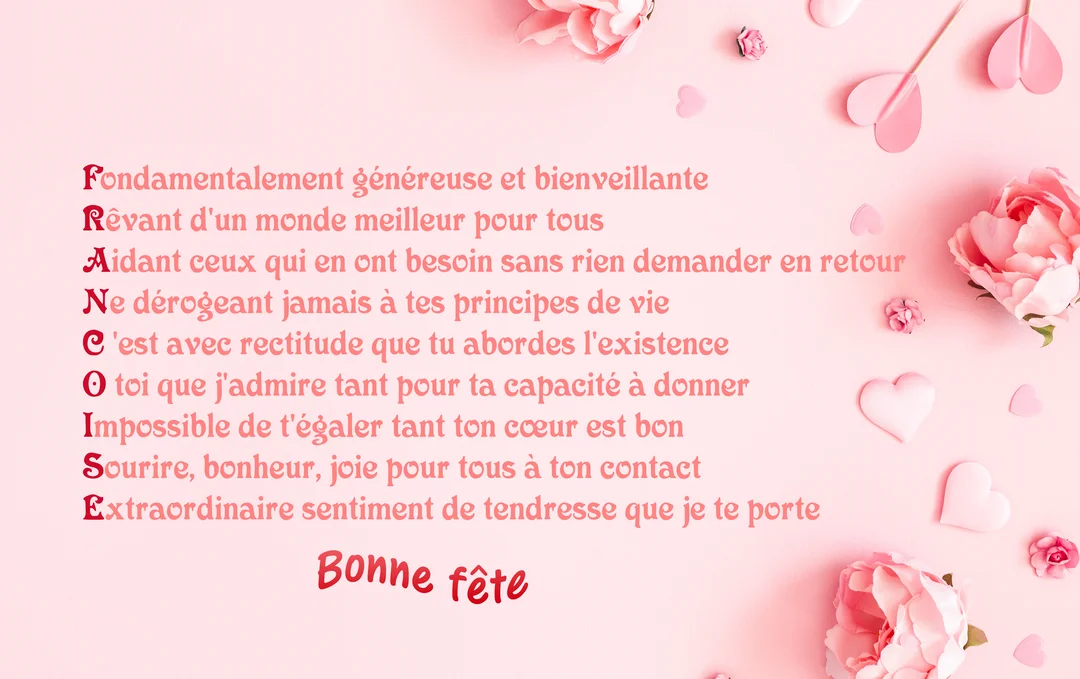 Un poème acrostiche formant le prénom Françoise est écrit en rouge sur un fond rose, entouré de pivoines et de petits cœurs.