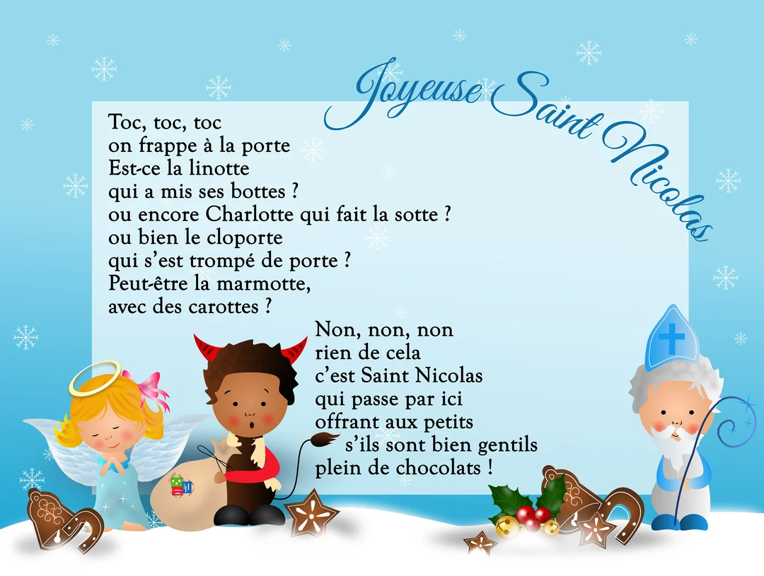 Une illustration enfantine montre Saint-Nicolas, un ange et un diablotin sur la neige, à côté d'un poème sur fond bleu avec des flocons.