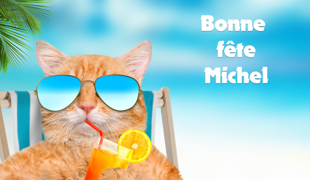 Un chat roux avec des lunettes de soleil est assis sur un transat à la plage, buvant un cocktail sous la feuille d'un palmier.