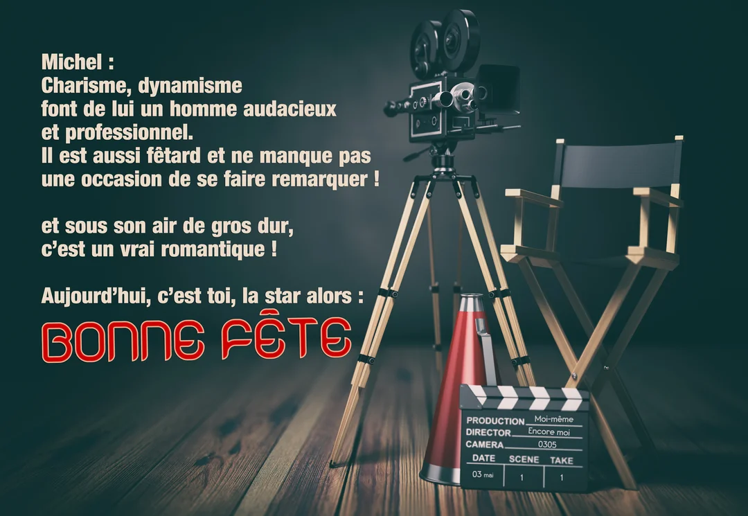 Une scène de tournage de film avec une caméra ancienne sur trépied, une chaise de réalisateur et un clap, illustrant un texte de bonne fête pour Michel.