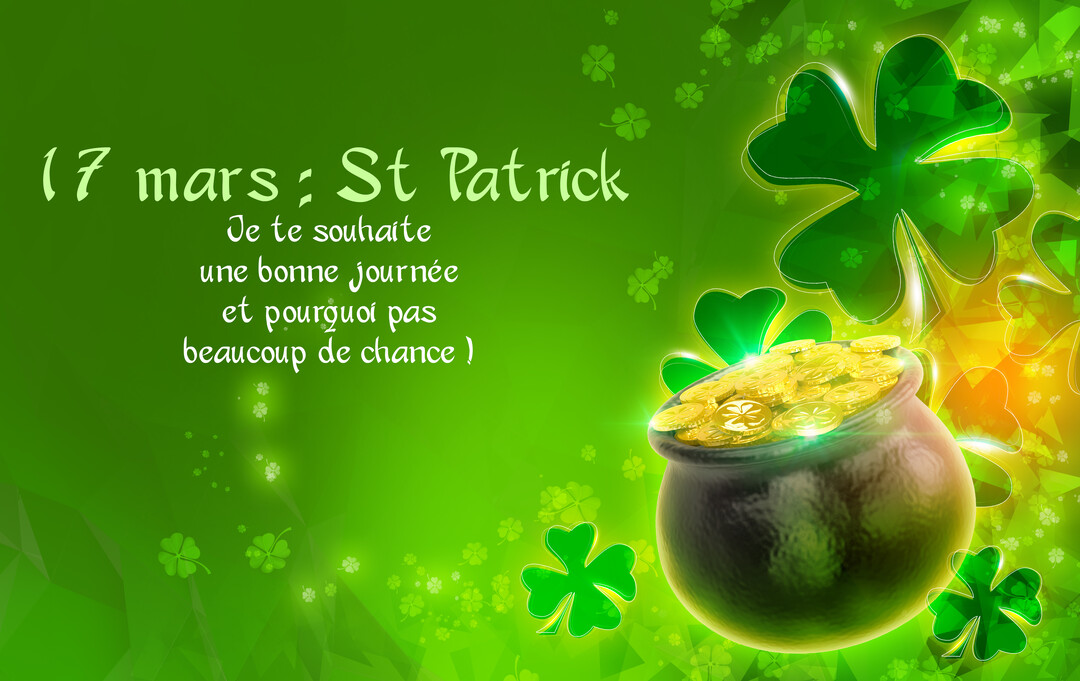 Une carte festive pour la Saint-Patrick avec un chaudron rempli de pièces d'or et des trèfles à quatre feuilles sur un fond vert lumineux.