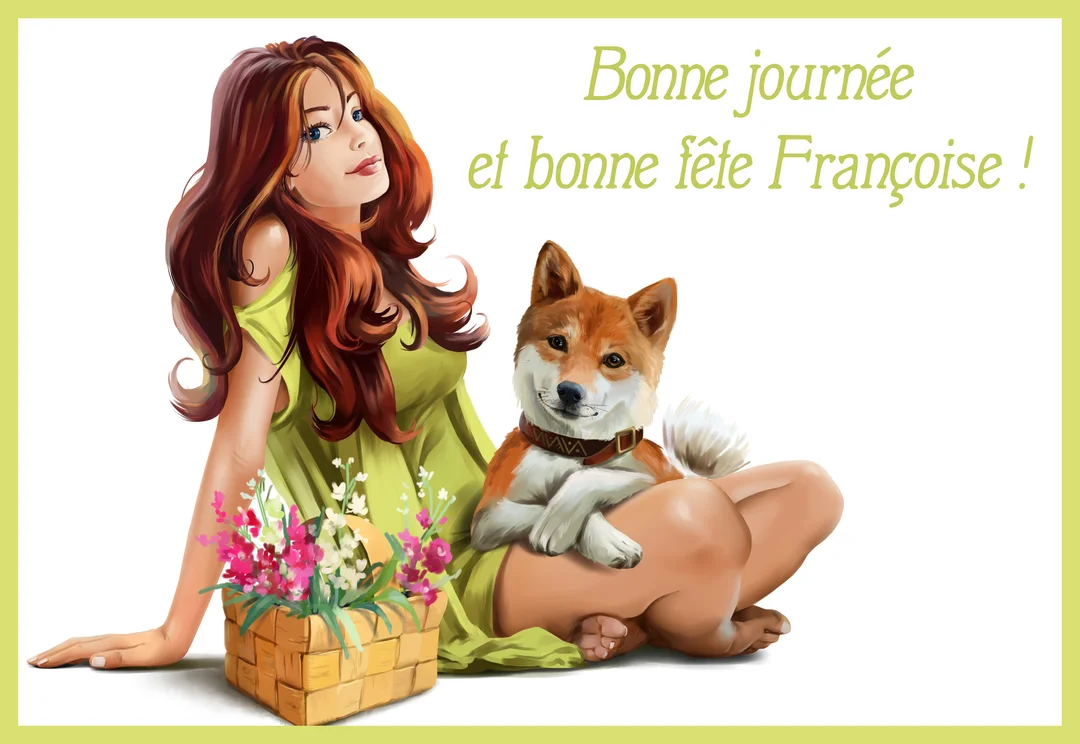Une jeune femme aux longs cheveux bruns, en robe verte, est assise à côté de son chien Shiba Inu et d'un panier fleuri.
