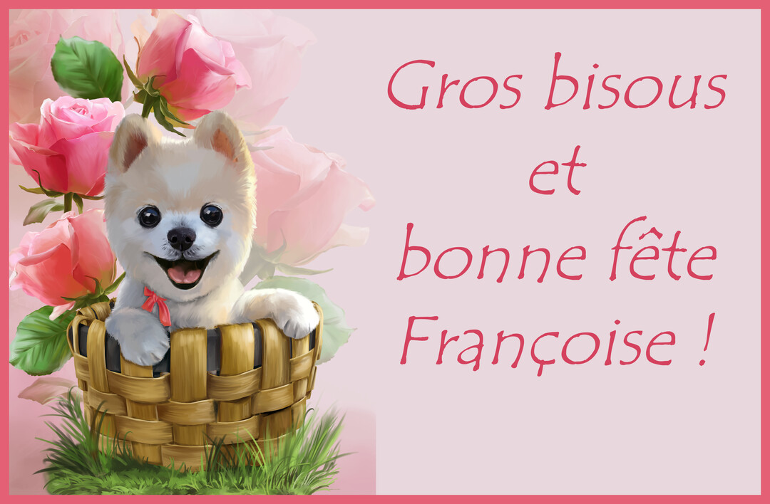 Illustration d'un adorable chiot blanc souriant dans un panier en osier, sur un fond de roses roses et un texte de vœux.