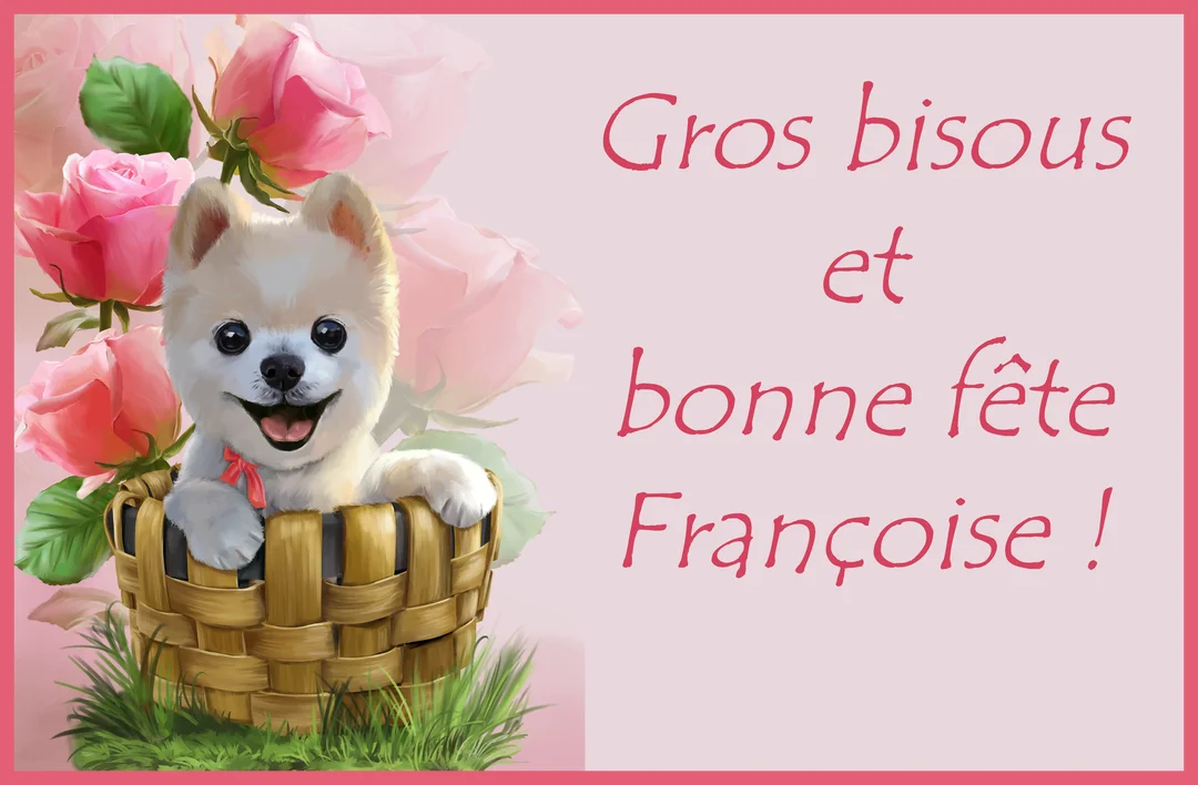 Illustration d'un adorable chiot blanc souriant dans un panier en osier, sur un fond de roses roses et un texte de vœux.