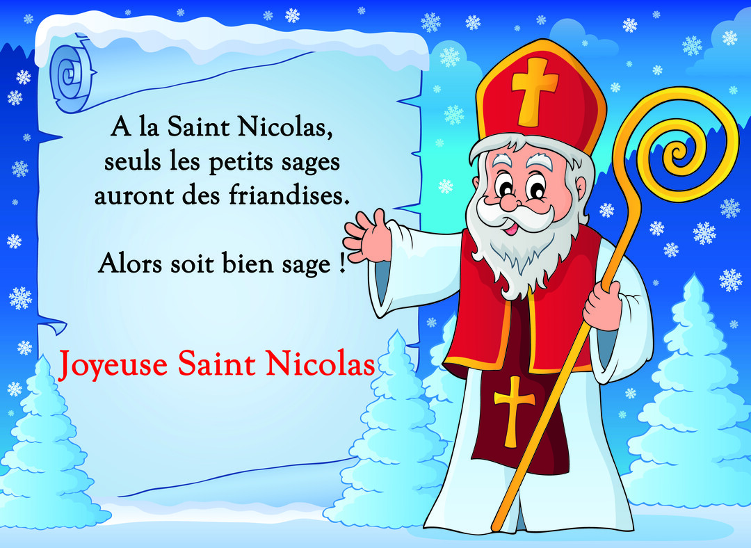 Une illustration de Saint Nicolas en habit d'évêque se tenant dans la neige, souriant à côté d'un grand parchemin déroulé.