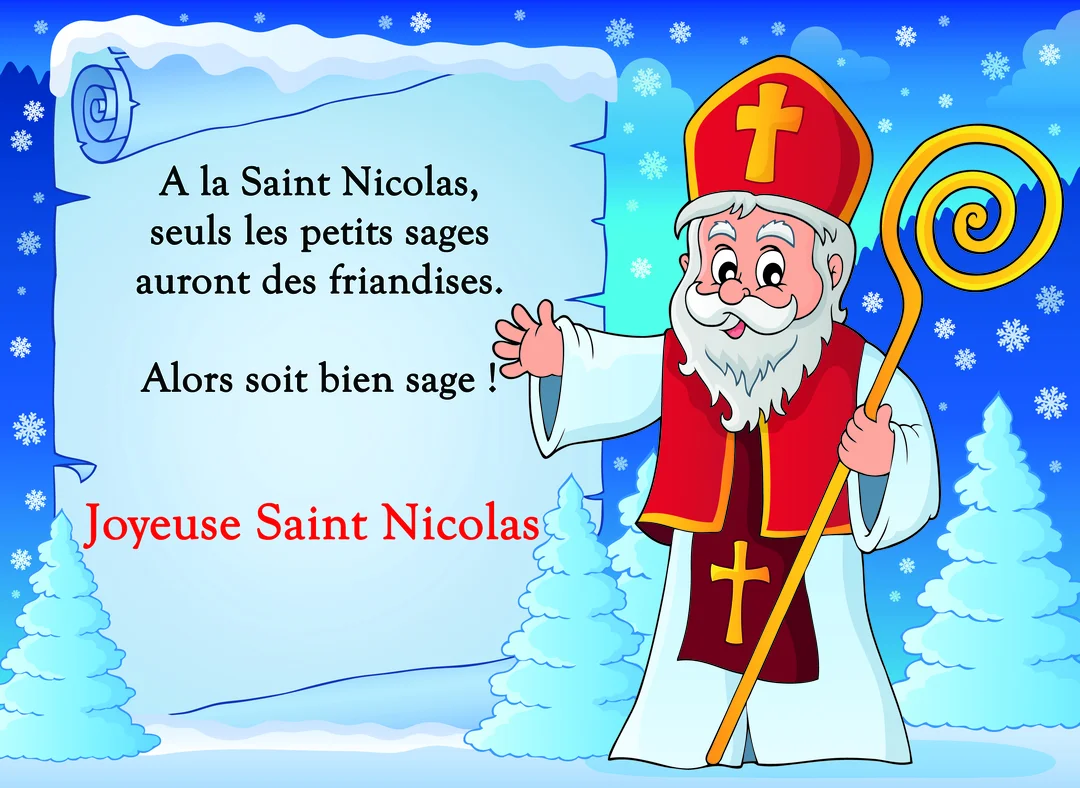 Une illustration de Saint Nicolas en habit d'évêque se tenant dans la neige, souriant à côté d'un grand parchemin déroulé.