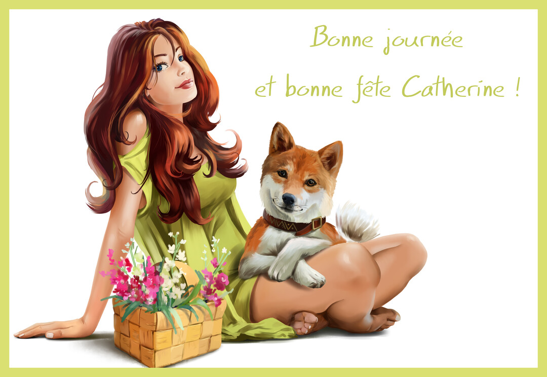 Une jeune femme aux longs cheveux bruns, en robe verte, est assise sur un fond blanc avec un chien Shiba Inu et un panier fleuri.