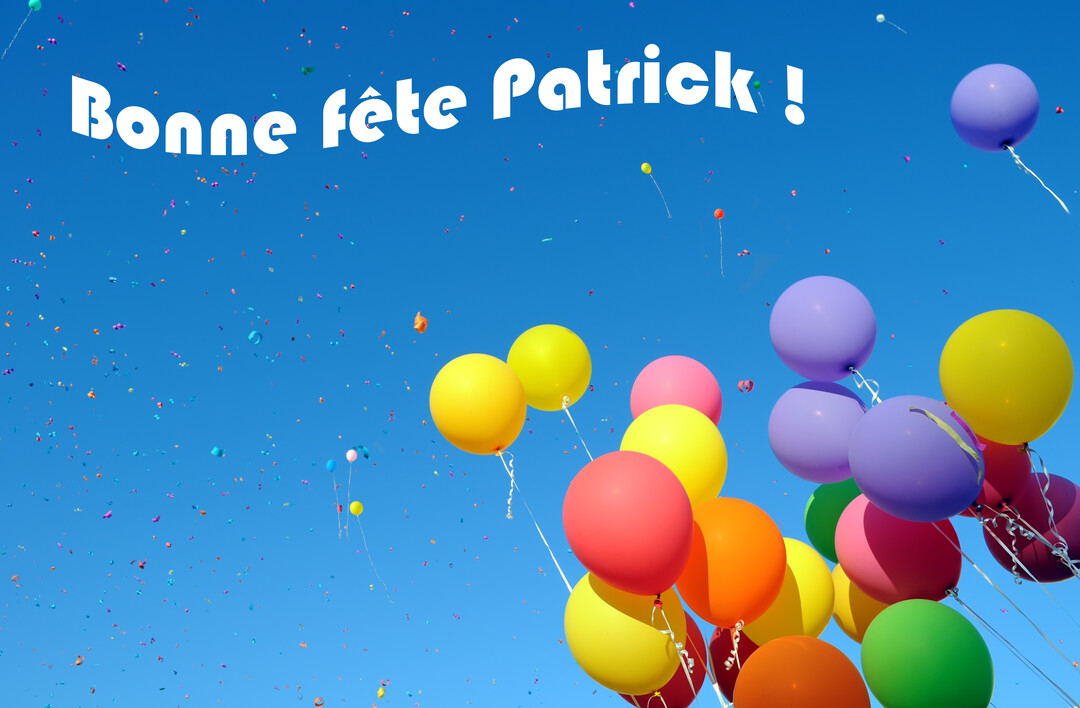Des dizaines de ballons de baudruche multicolores flottent dans un ciel d'un bleu intense, parsemé de confettis, sous un texte blanc souhaitant bonne fête.