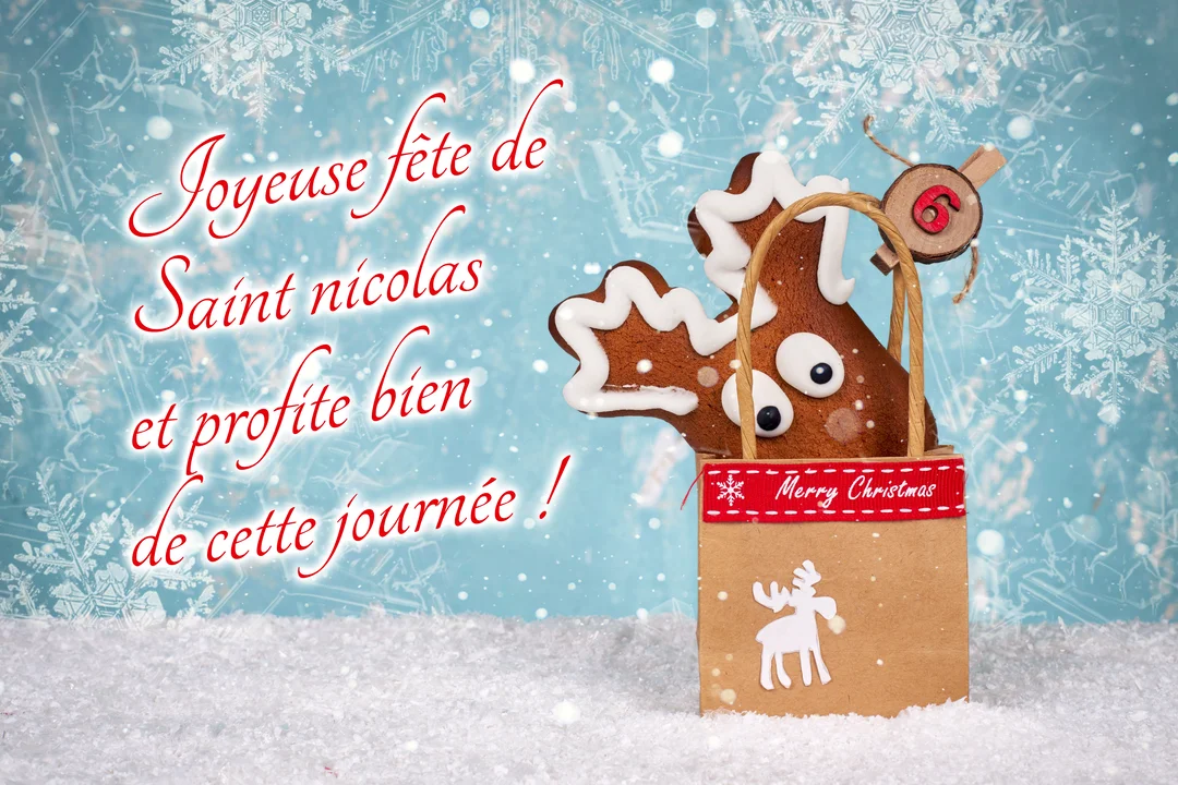 Un biscuit en pain d'épices en forme de renne dans un petit sac cadeau, posé sur la neige avec un fond bleu à flocons.