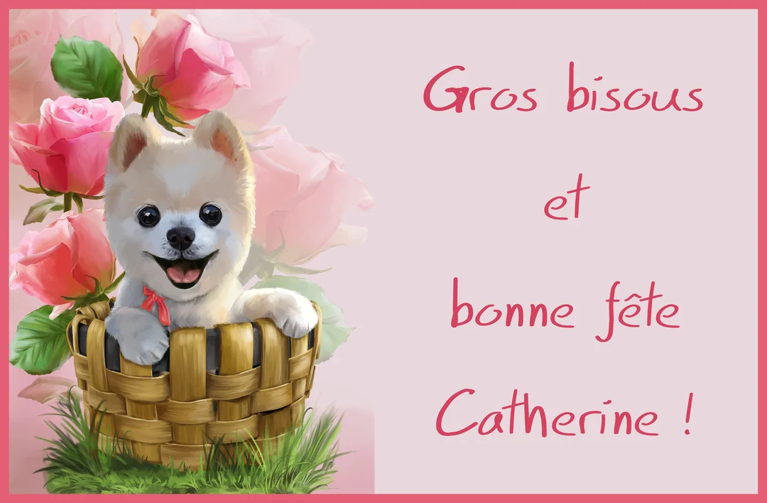 Une illustration d'un petit chien blanc souriant dans un panier en osier, sur un fond rose décoré de roses et du texte "Gros bisous et bonne fête Catherine !".