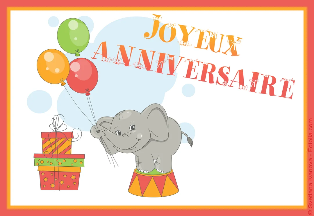 Un jeune éléphant gris se tient en équilibre sur un podium de cirque, tenant des ballons colorés près de plusieurs paquets cadeaux.