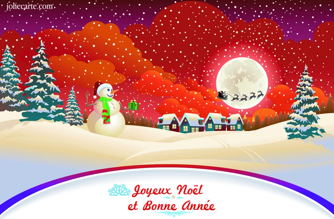 Une scène de nuit hivernale avec un bonhomme de neige souriant, un village enneigé, et le Père Noël traversant le ciel étoilé.