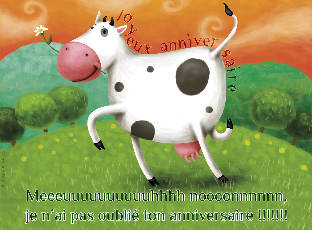 Une vache blanche et noire, joyeuse et stylisée, danse dans un pré verdoyant sous un ciel orangé, une fleur à la bouche.
