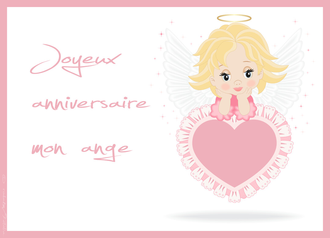 Un petit ange blond avec une auréole et des ailes blanches est accoudé, rêveur, sur un grand cœur rose bordé de dentelle.