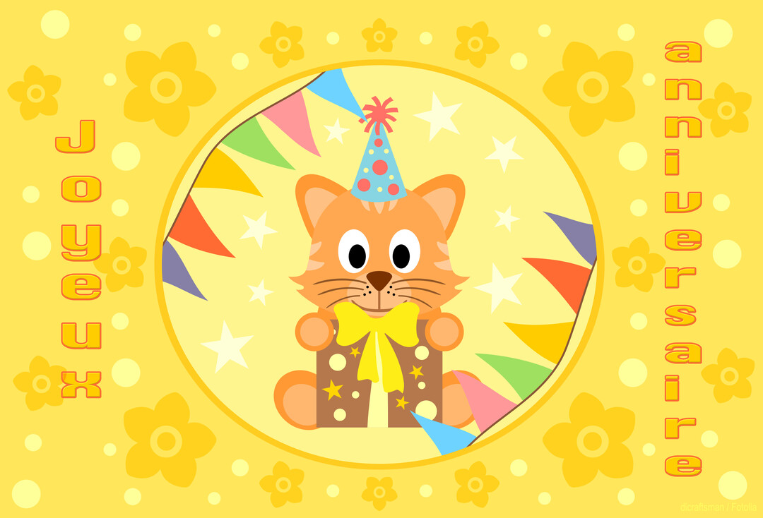 Un chaton de dessin animé orange, avec un chapeau pointu, tient un cadeau devant un fond jaune décoré d'étoiles et de guirlandes.