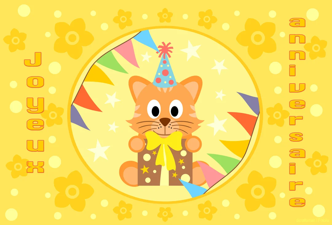 Un chaton de dessin animé orange, avec un chapeau pointu, tient un cadeau devant un fond jaune décoré d'étoiles et de guirlandes.