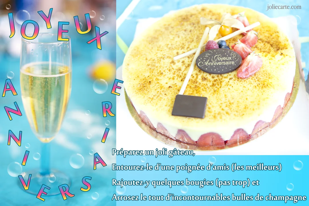 Montage photo avec à gauche une flûte de champagne et à droite un gâteau d'anniversaire surmonté de fruits et d'une plaque en chocolat.