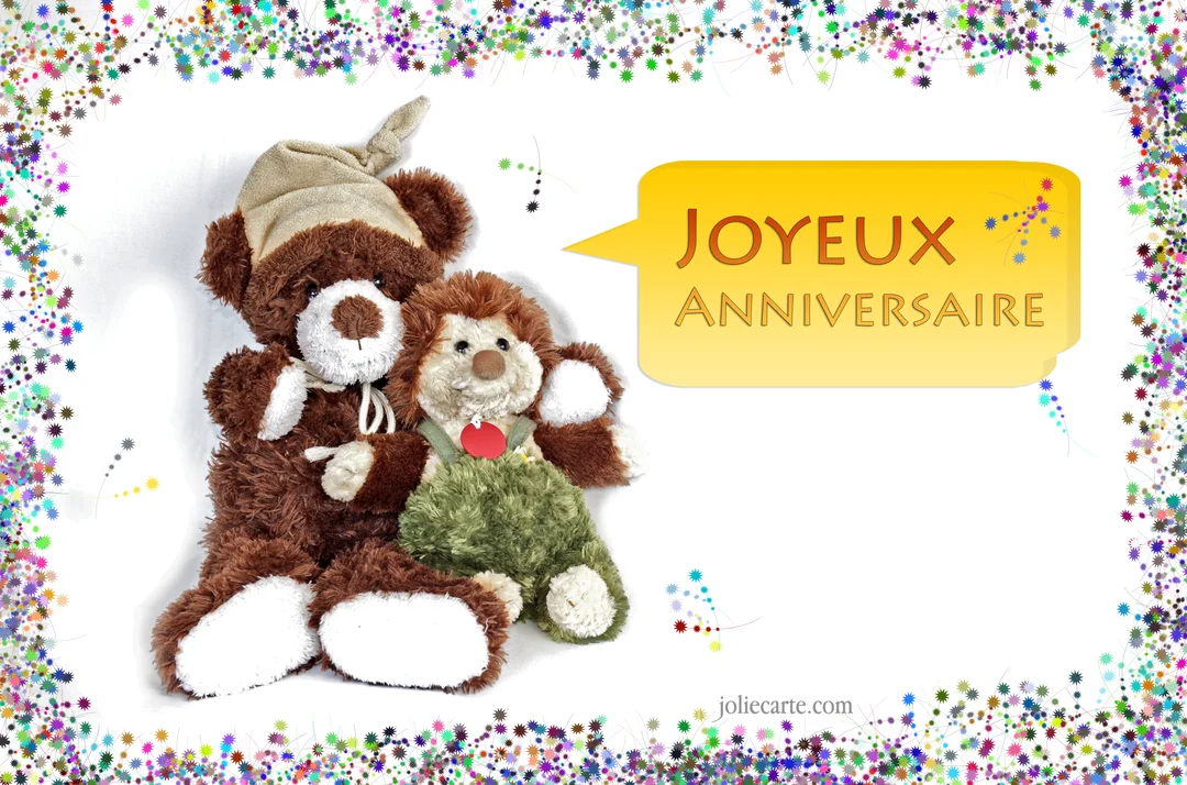 Deux peluches, un ours brun avec un bonnet et un hérisson, sont assises sur un fond blanc avec un cadre de confettis.