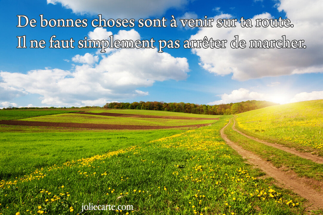 Un chemin de terre serpente à travers une prairie verdoyante sous un ciel bleu nuageux, avec une citation motivante superposée en haut.