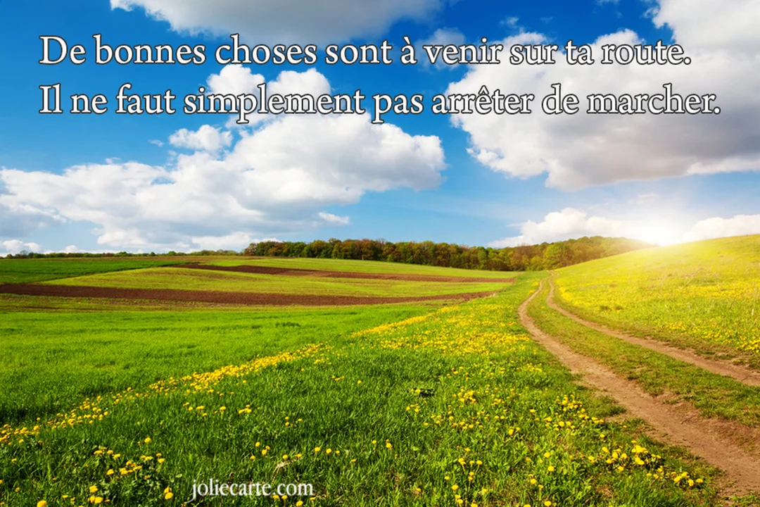 Un chemin de terre serpente à travers une prairie verdoyante sous un ciel bleu nuageux, avec une citation motivante superposée en haut.