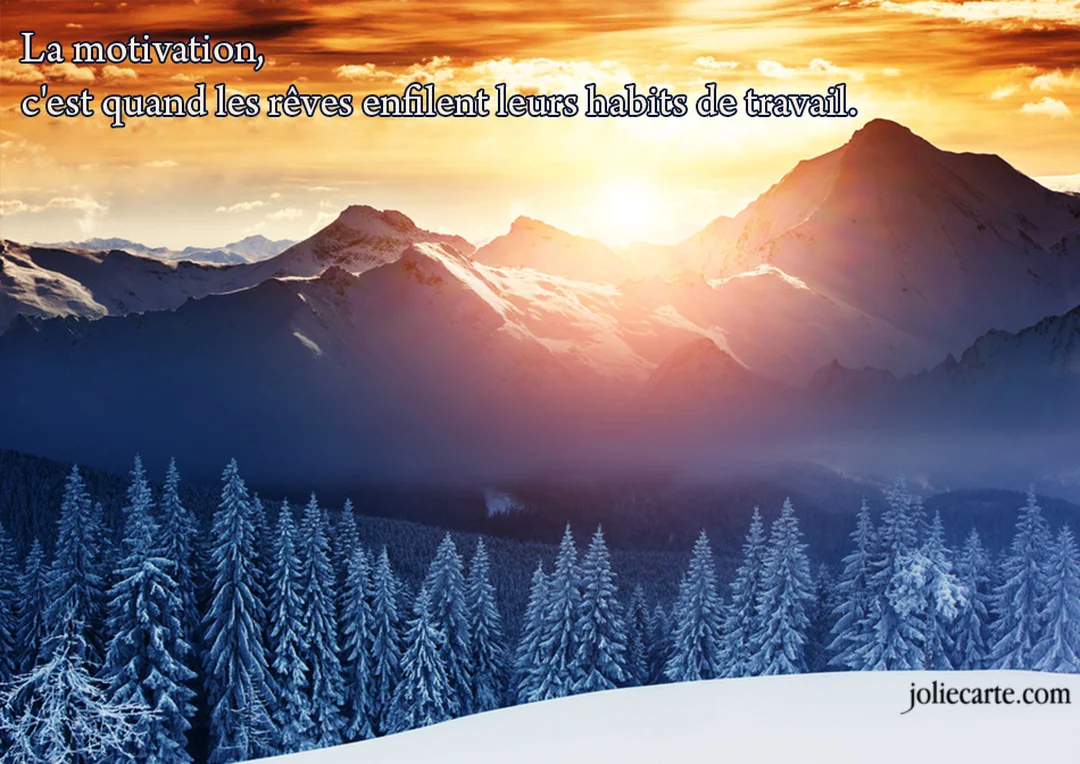 Paysage de montagnes enneigées sous un ciel orangé au lever du soleil, avec une forêt de sapins bleutés au premier plan.