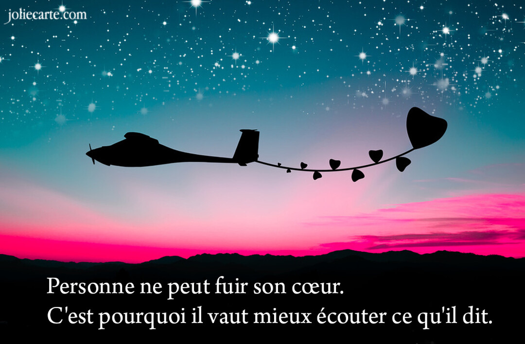 Silhouette noire d'un petit avion tractant une guirlande de cœurs dans un ciel crépusculaire dégradé du rose au bleu et parsemé d'étoiles.
