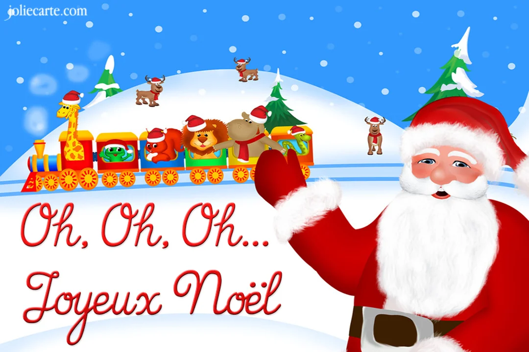 Dans un paysage enneigé, le Père Noël salue au premier plan, tandis qu'un train rempli d'animaux joyeux traverse une colline sous la neige.