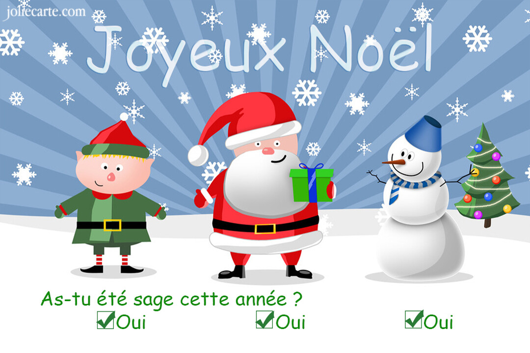 Une illustration de Noël montrant un lutin, le Père Noël et un bonhomme de neige dans un paysage enneigé sous le texte 'Joyeux Noël'.