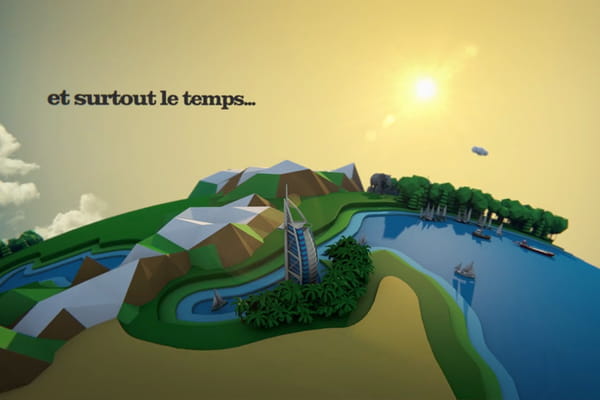 Carte animée montrant un tour du monde stylisé avec des messages inspirants sur la beauté de la vie et le bonheur de l'instant présent.