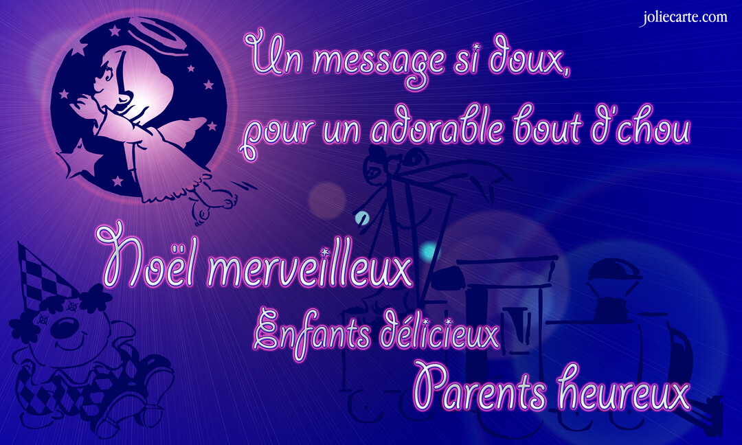 Une carte de Noël sur fond bleu-violet avec un ange, des silhouettes de jouets et un texte lumineux souhaitant un joyeux Noël.
