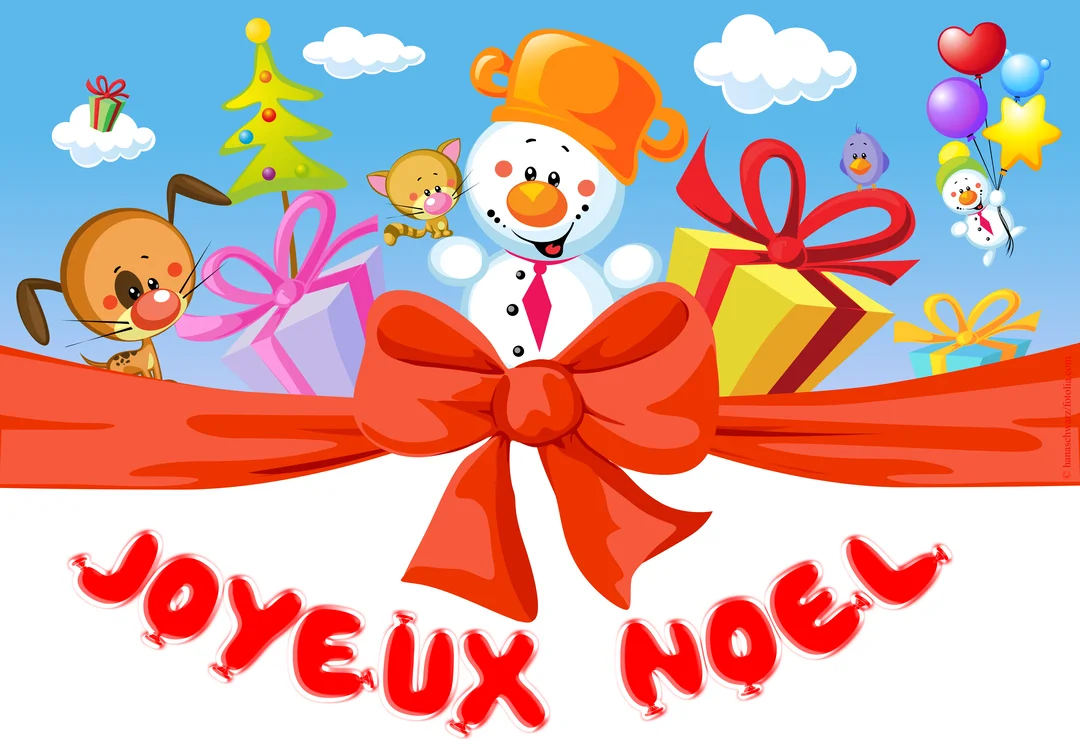 Illustration enfantine et colorée d'un bonhomme de neige, d'un chien et d'un chat entourés de cadeaux et d'un sapin, sur fond de ciel bleu.