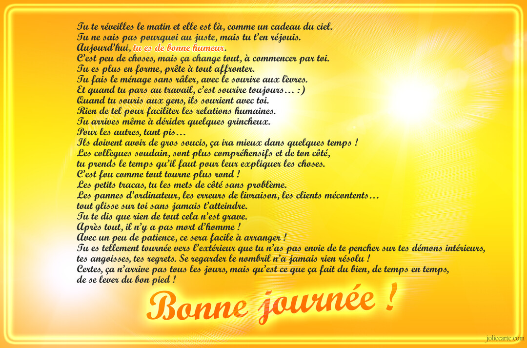 Un long poème sur les bienfaits de la bonne humeur est écrit en noir sur un fond éclatant, dégradé de jaune et orange.