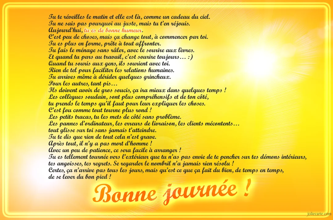 Un long poème sur les bienfaits de la bonne humeur est écrit en noir sur un fond éclatant, dégradé de jaune et orange.