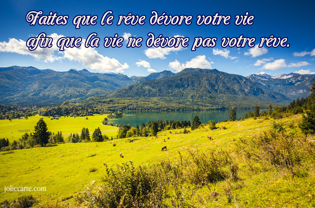Un paysage panoramique de montagnes verdoyantes surplombant un lac paisible et une prairie ensoleillée, sous un ciel bleu parsemé de nuages blancs.