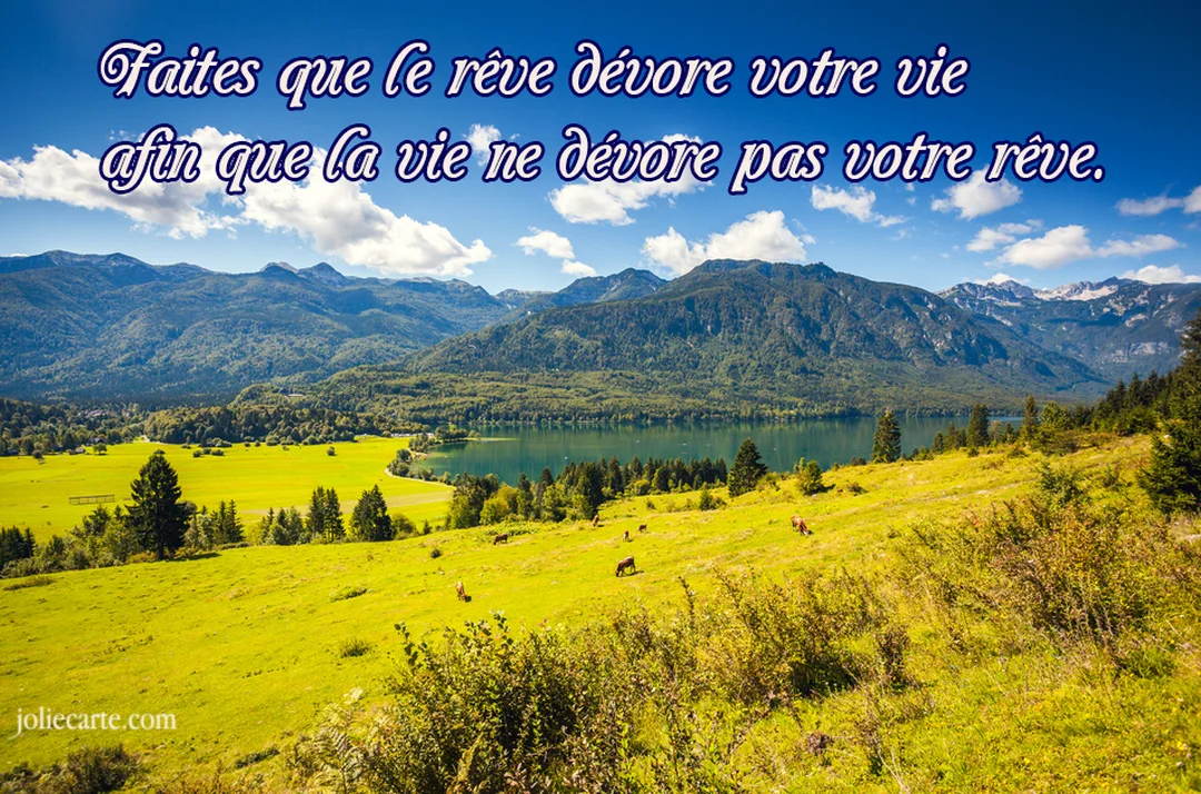 Un paysage panoramique de montagnes verdoyantes surplombant un lac paisible et une prairie ensoleillée, sous un ciel bleu parsemé de nuages blancs.