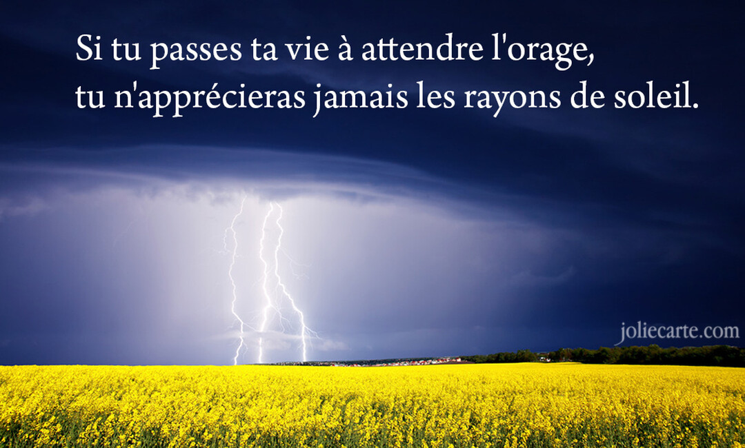 Une photographie d'un champ de colza jaune vif sous un ciel sombre et menaçant, zébré par plusieurs éclairs puissants à l'horizon.
