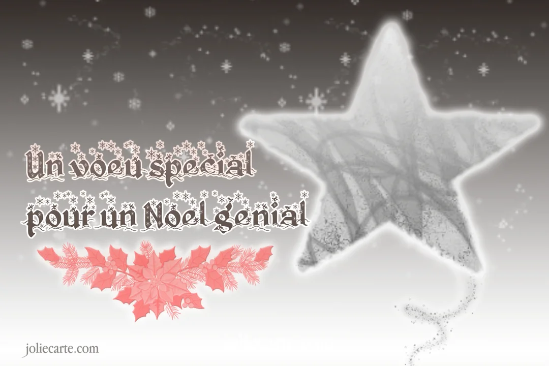 Une carte de vœux de Noël sur fond gris enneigé, avec une grande étoile blanche lumineuse et un texte décoré de houx rose.