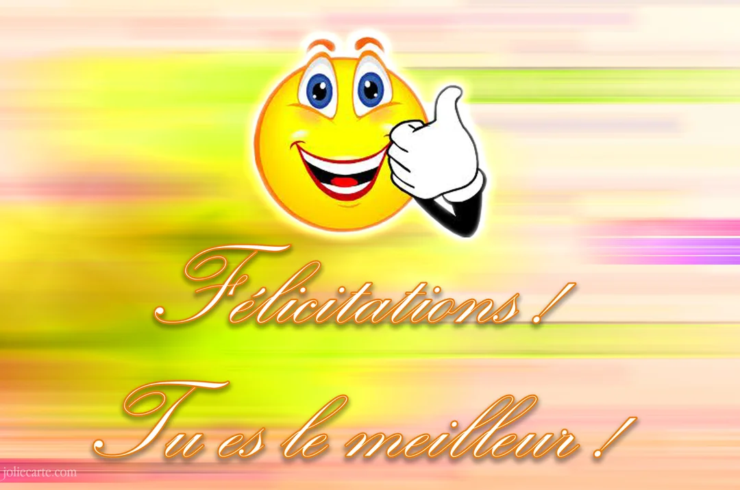 Un smiley jaune souriant avec de grands yeux bleus lève le pouce droit, sur un fond dynamique et coloré avec un texte calligraphié.