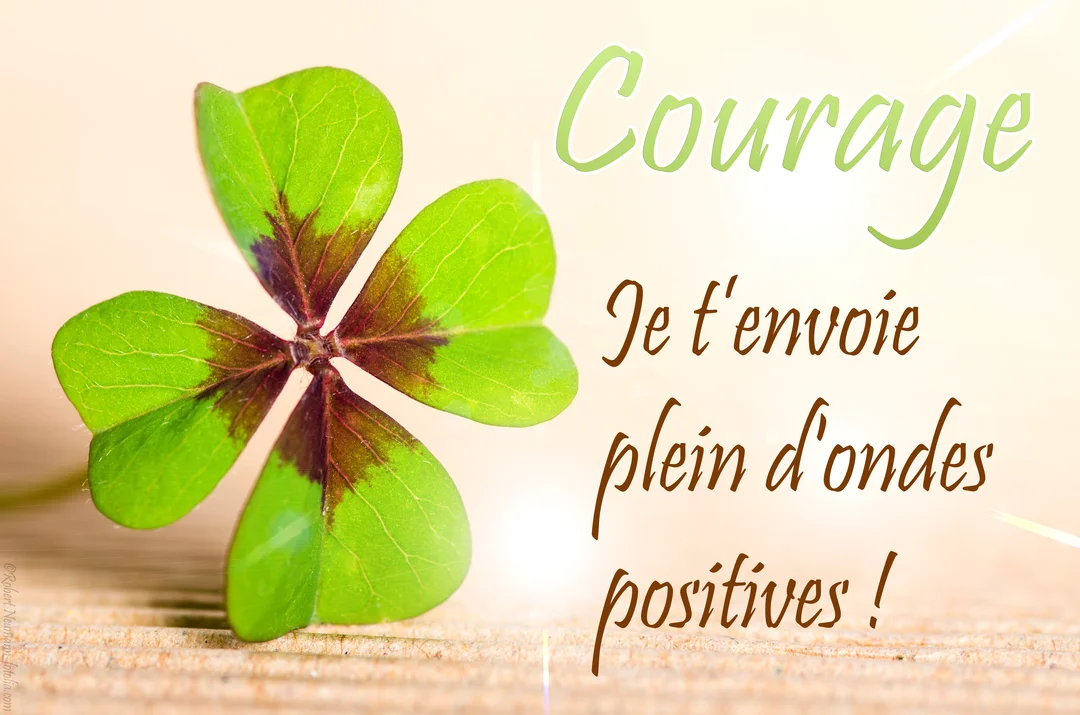 Un trèfle vert à quatre feuilles, symbole de chance, est posé sur une surface texturée avec une typographie manuscrite souhaitant du courage.