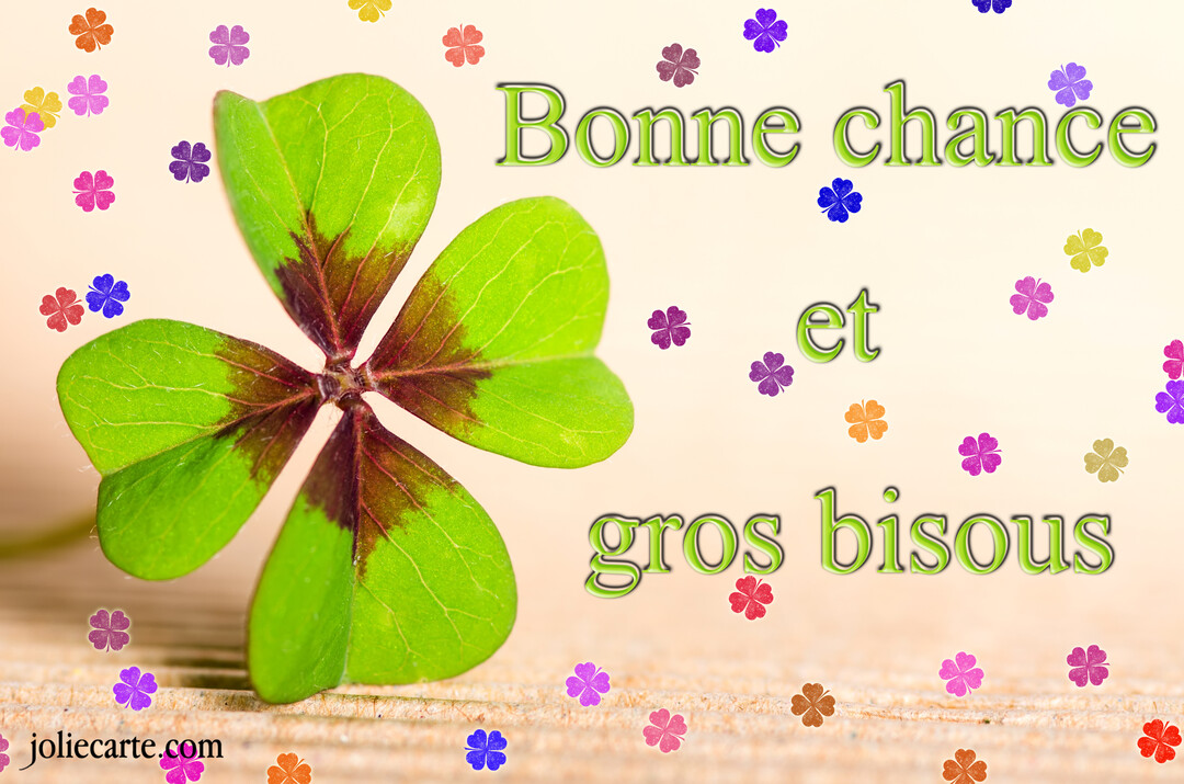 Un trèfle à quatre feuilles vert vif est photographié en gros plan sur une surface en bois clair, avec l'inscription 'Bonne chance et gros bisous'.