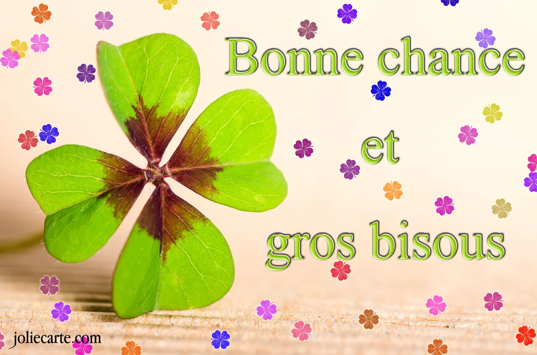 Un trèfle à quatre feuilles vert vif est photographié en gros plan sur une surface en bois clair, avec l'inscription 'Bonne chance et gros bisous'.