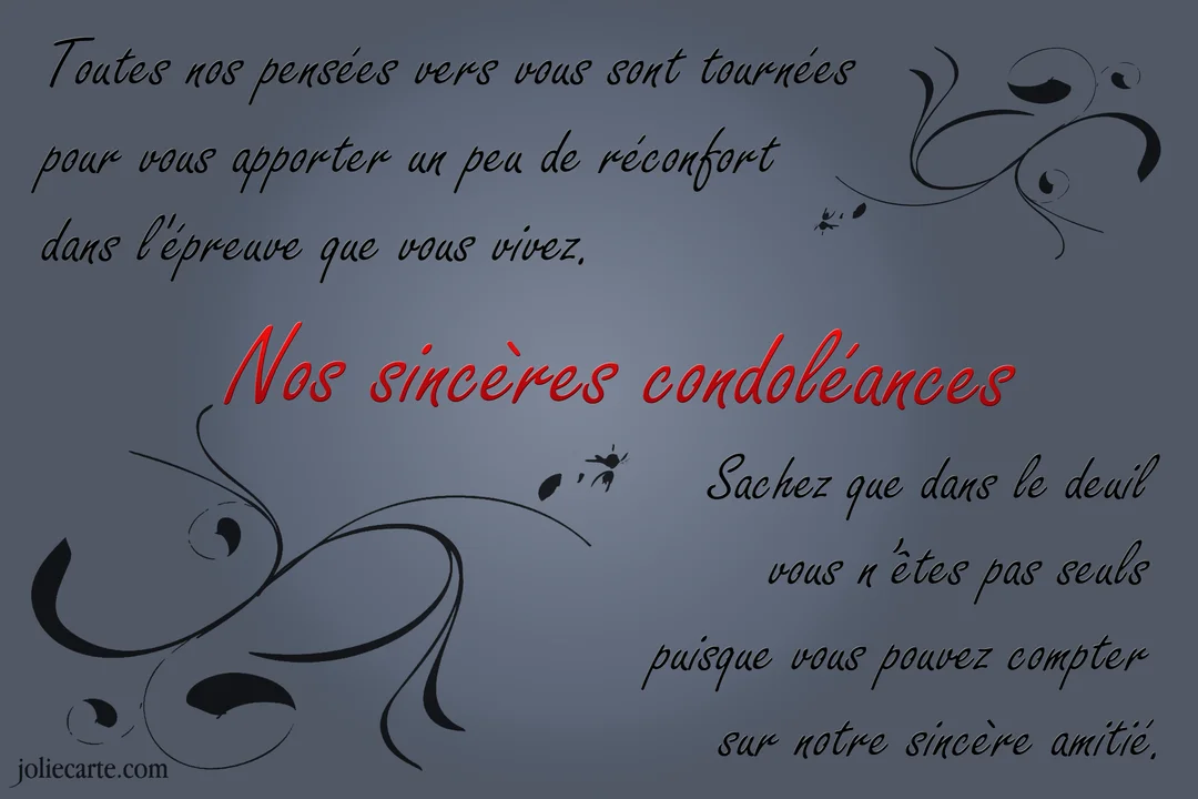 Une carte de condoléances sobre sur fond gris-bleu, avec un message de soutien manuscrit et des arabesques décoratives noires et discrètes.