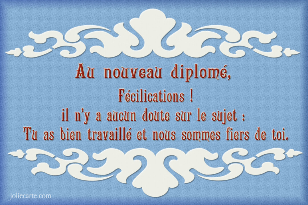Une carte de félicitations au style classique avec un texte en police bordeaux sur un fond bleu texturé, encadré par des frises décoratives blanches.